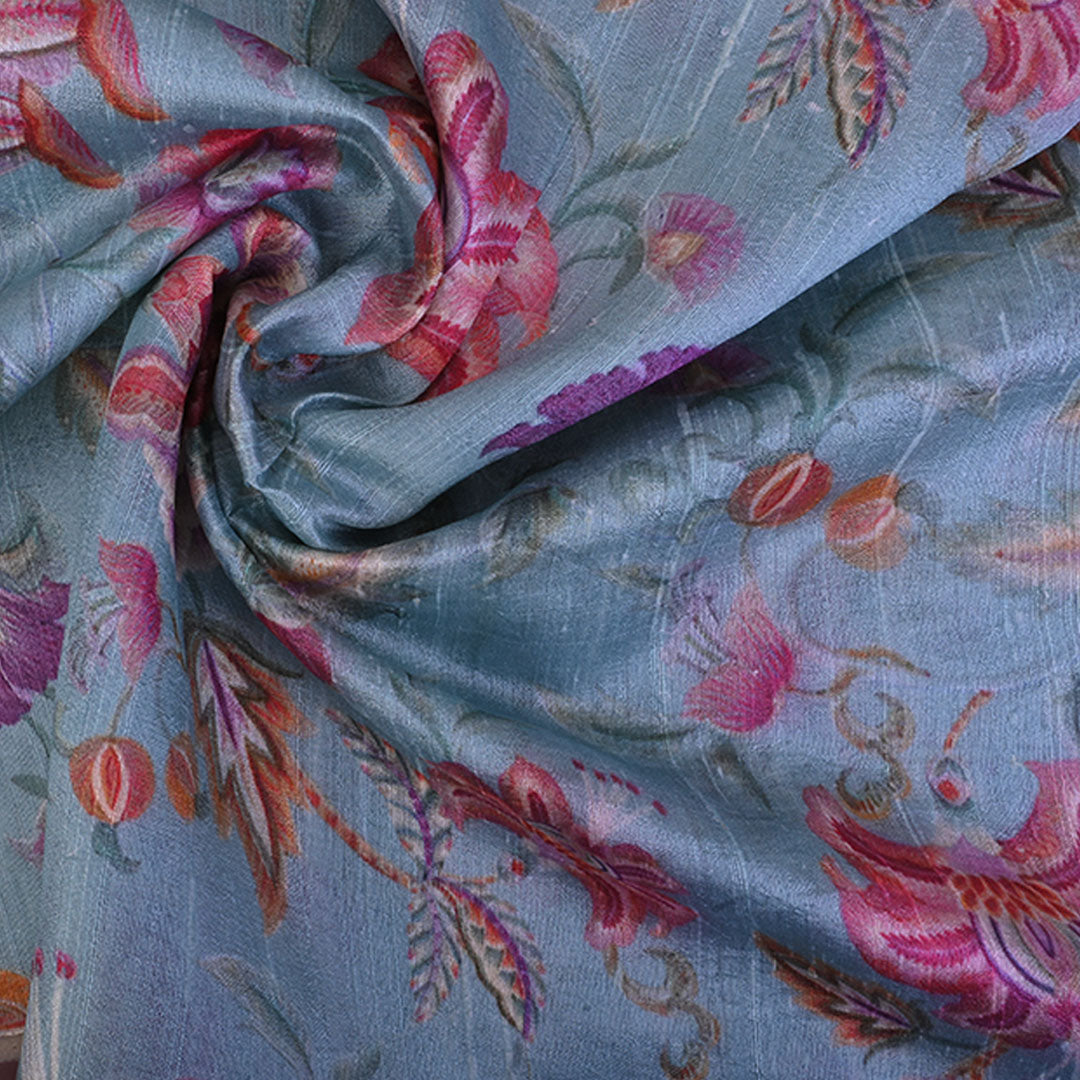 Celeste Blue Floral Printed Raw Silk Fabric