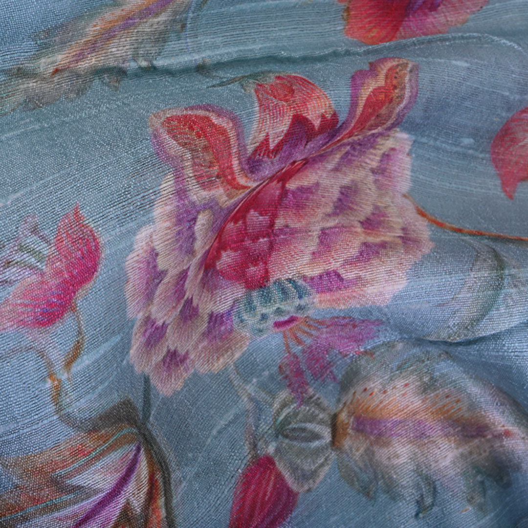 Celeste Blue Floral Printed Raw Silk Fabric