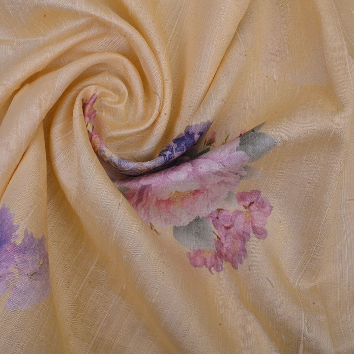 Pastel Yellow Floral Printed Rawsilk Fabric