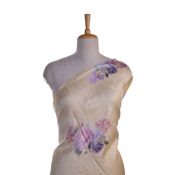 Pastel Yellow Floral Printed Rawsilk Fabric