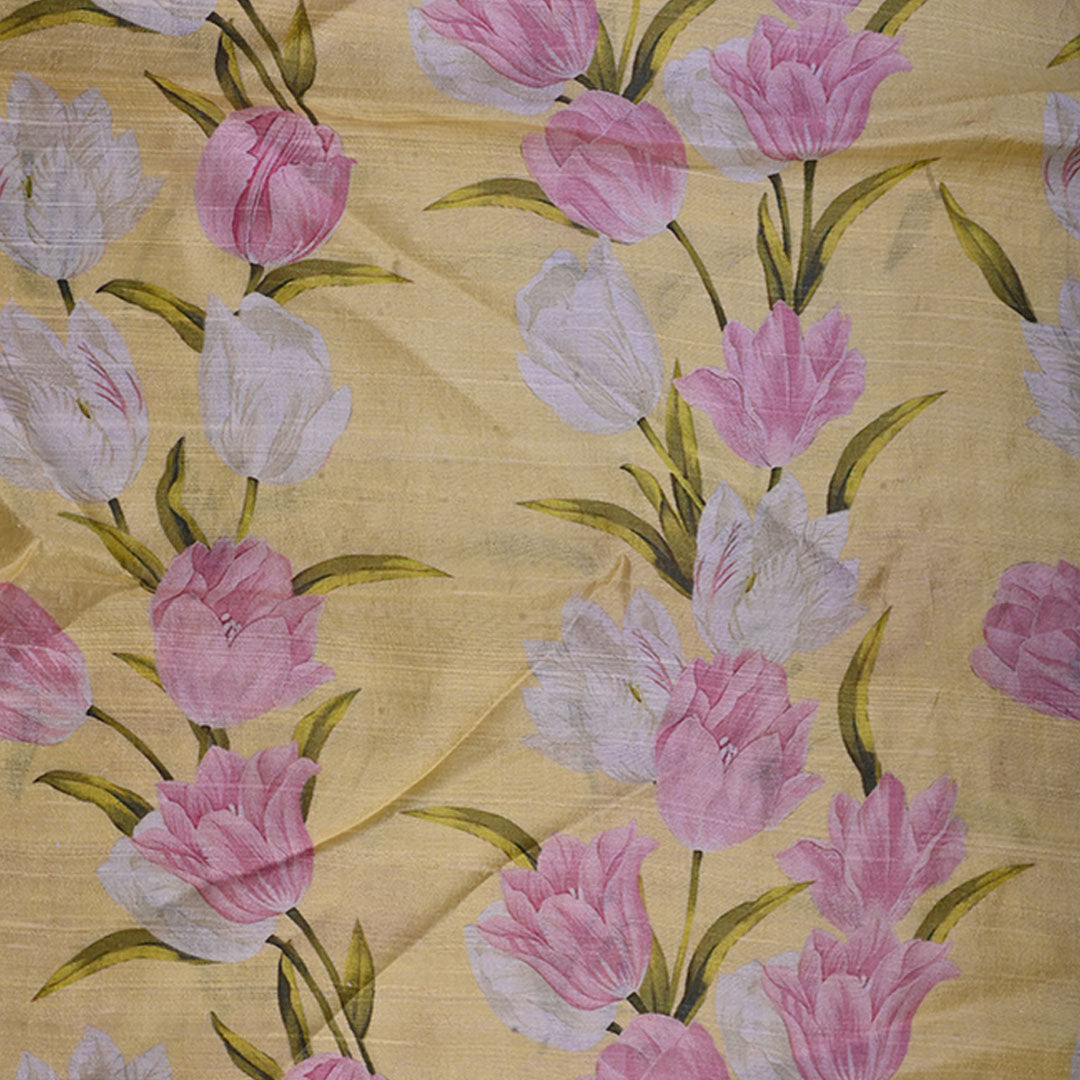 Lemon Yellow Floral Printed Raw Silk Fabric