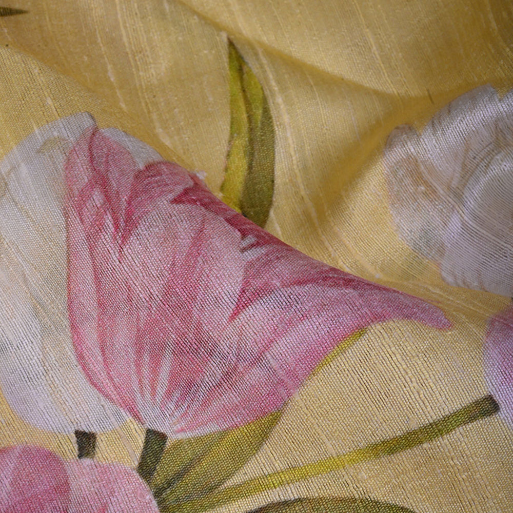 Lemon Yellow Floral Printed Raw Silk Fabric