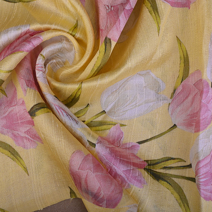 Lemon Yellow Floral Printed Raw Silk Fabric