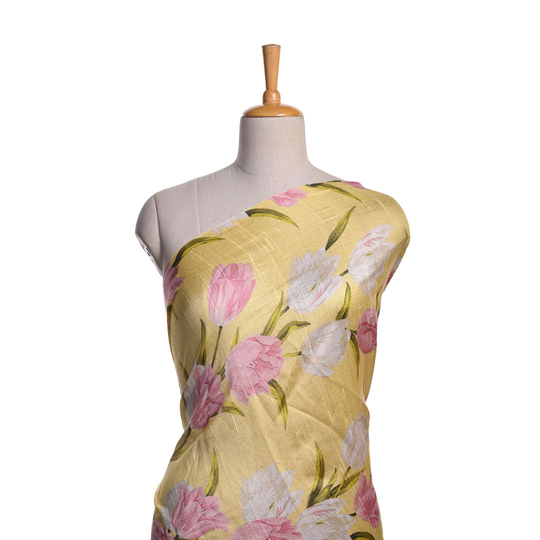 Lemon Yellow Floral Printed Raw Silk Fabric