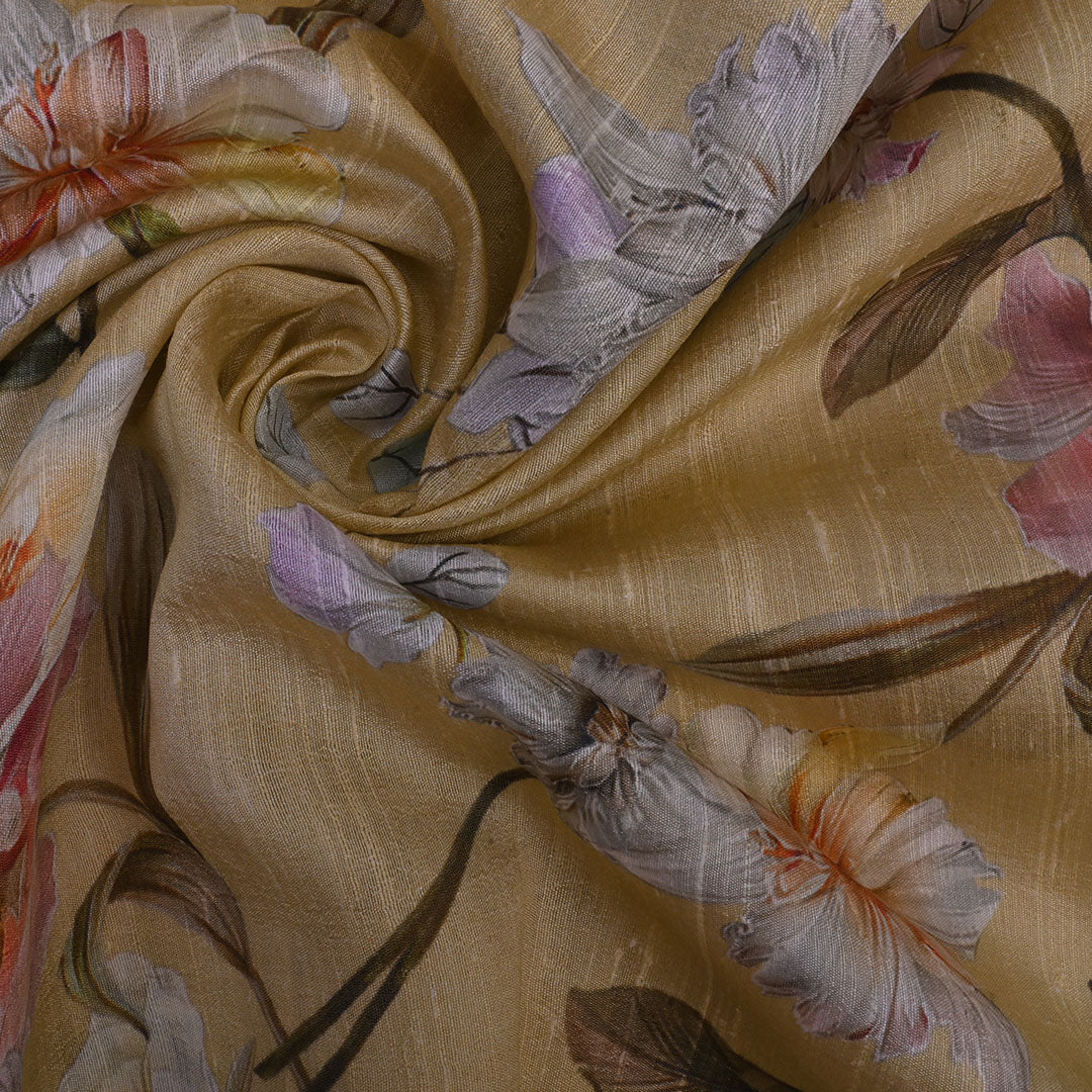 Light Mustard Yellow Floral Printed Raw Silk Fabric