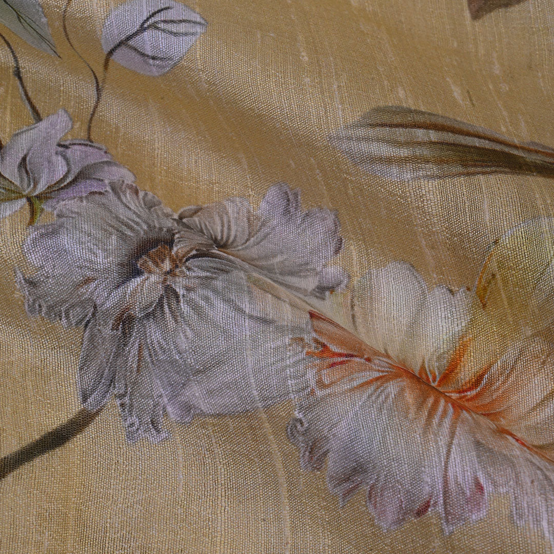 Light Mustard Yellow Floral Printed Raw Silk Fabric