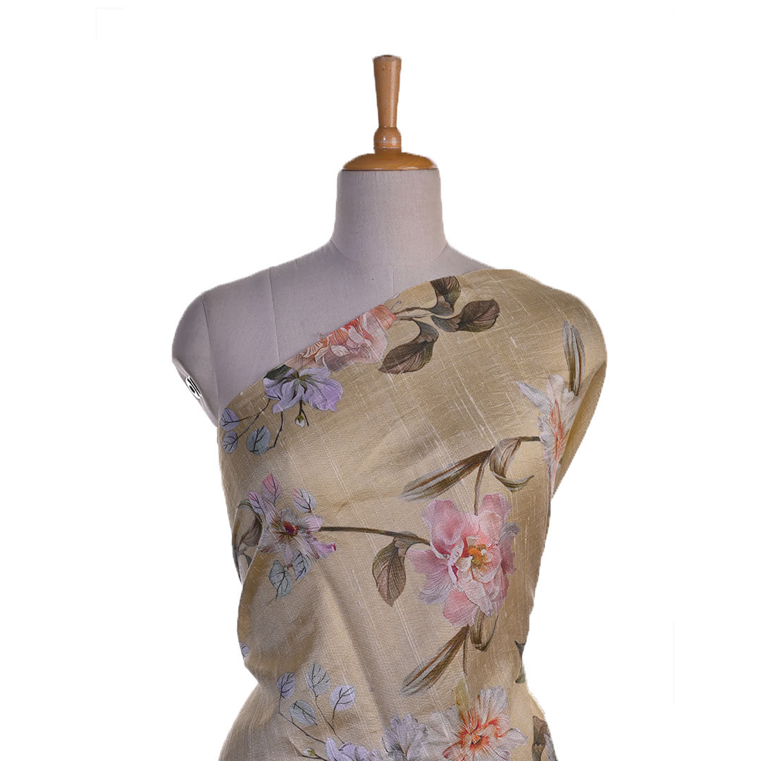 Light Mustard Yellow Floral Printed Raw Silk Fabric