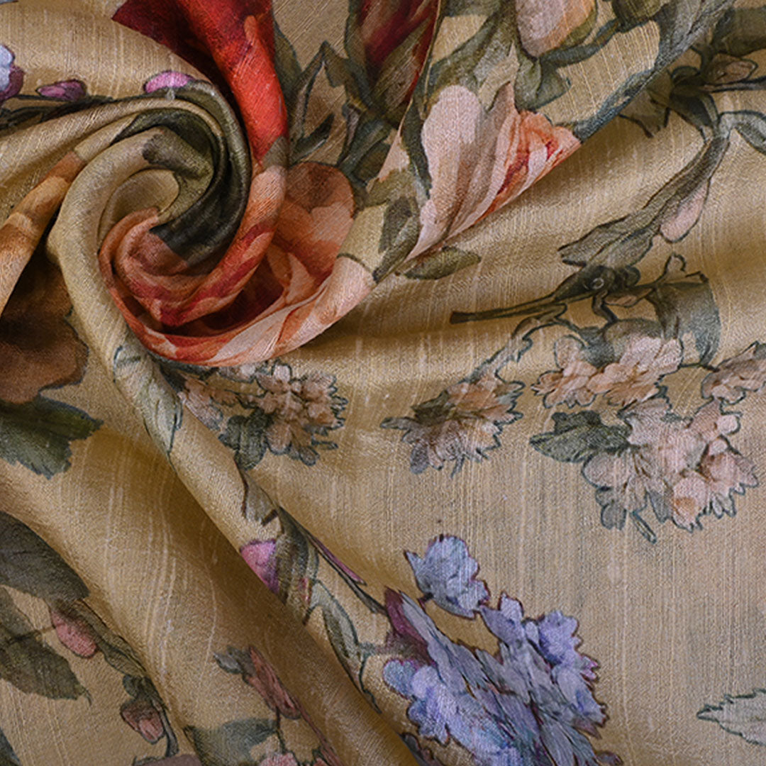 Greenish-Yellow Floral Printed Raw Silk Fabric