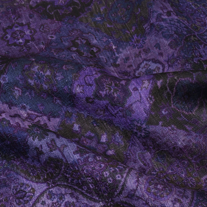 Rustic Purple Floral Printed Rawsilk Fabric