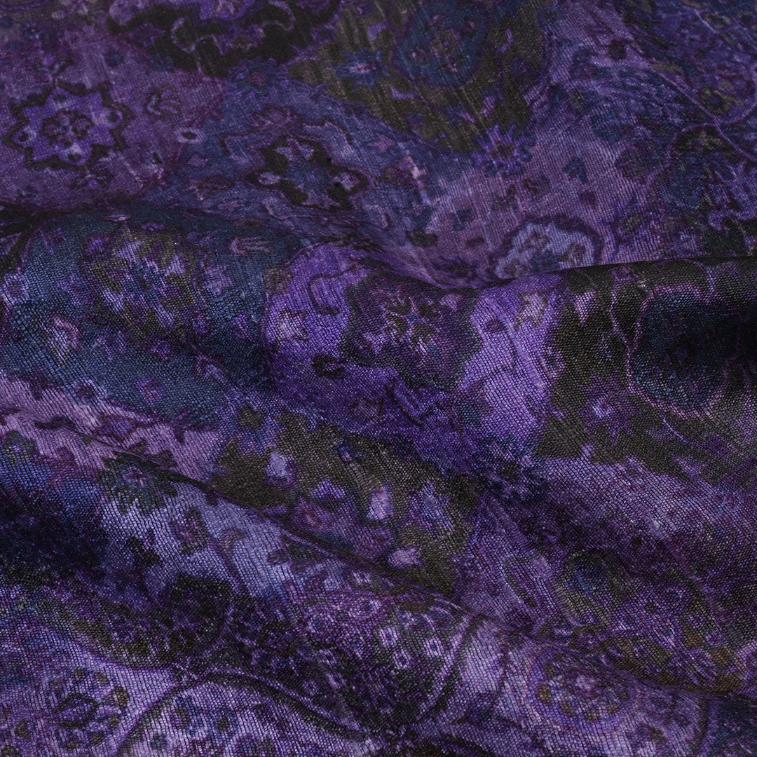 Rustic Purple Floral Printed Raw Silk Fabric