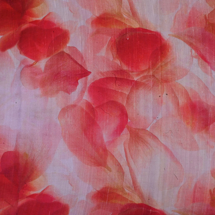 Pastel Red Floral Printed Rawsilk Fabric