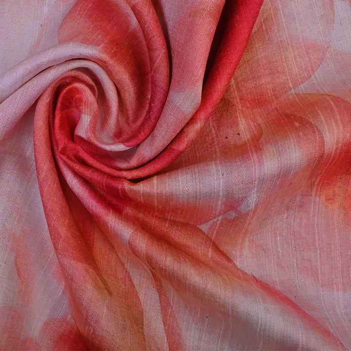 Pastel Red Floral Printed Rawsilk Fabric