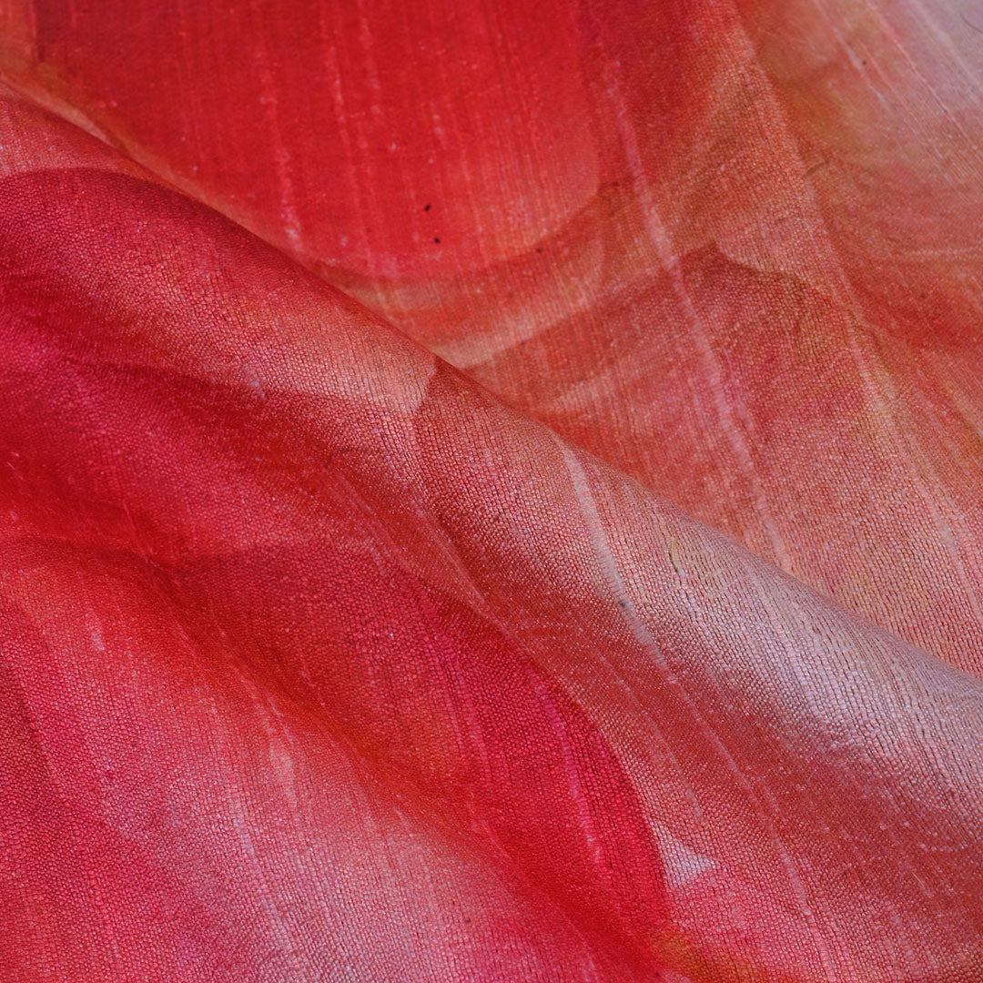 Pastel Red Floral Printed Raw Silk Fabric