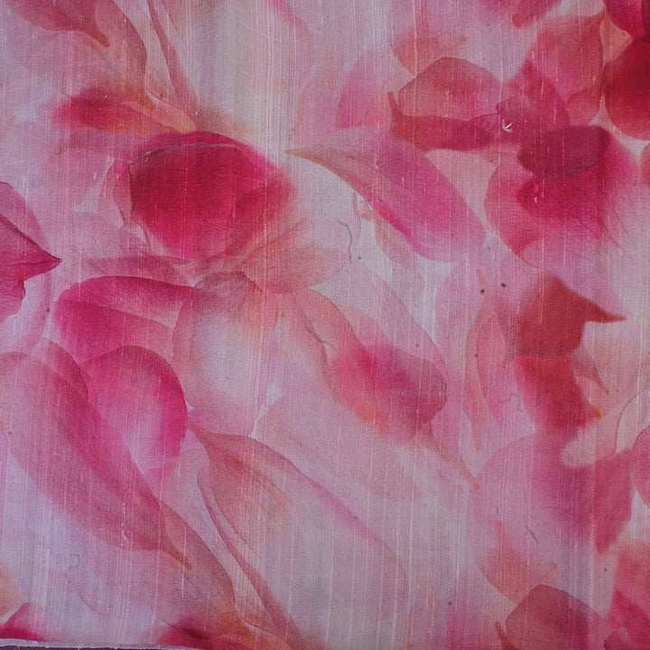 Peach Pink Floral Printed Rawsilk Fabric