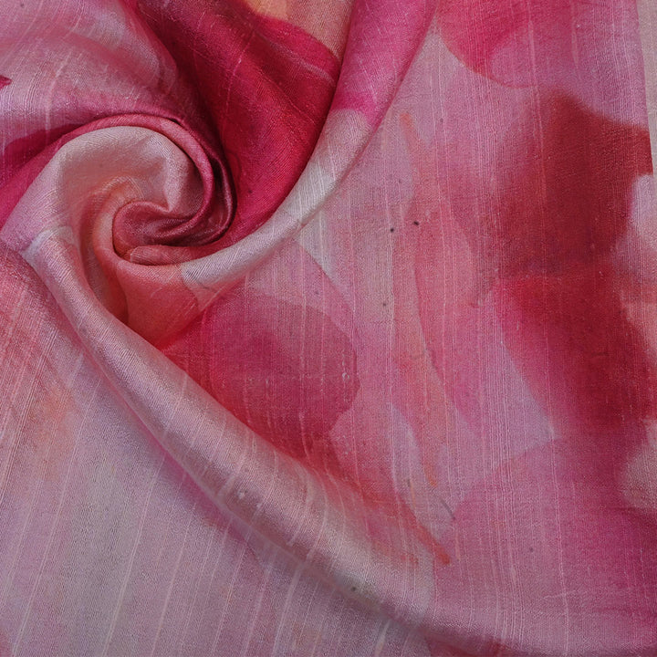 Peach Pink Floral Printed Rawsilk Fabric