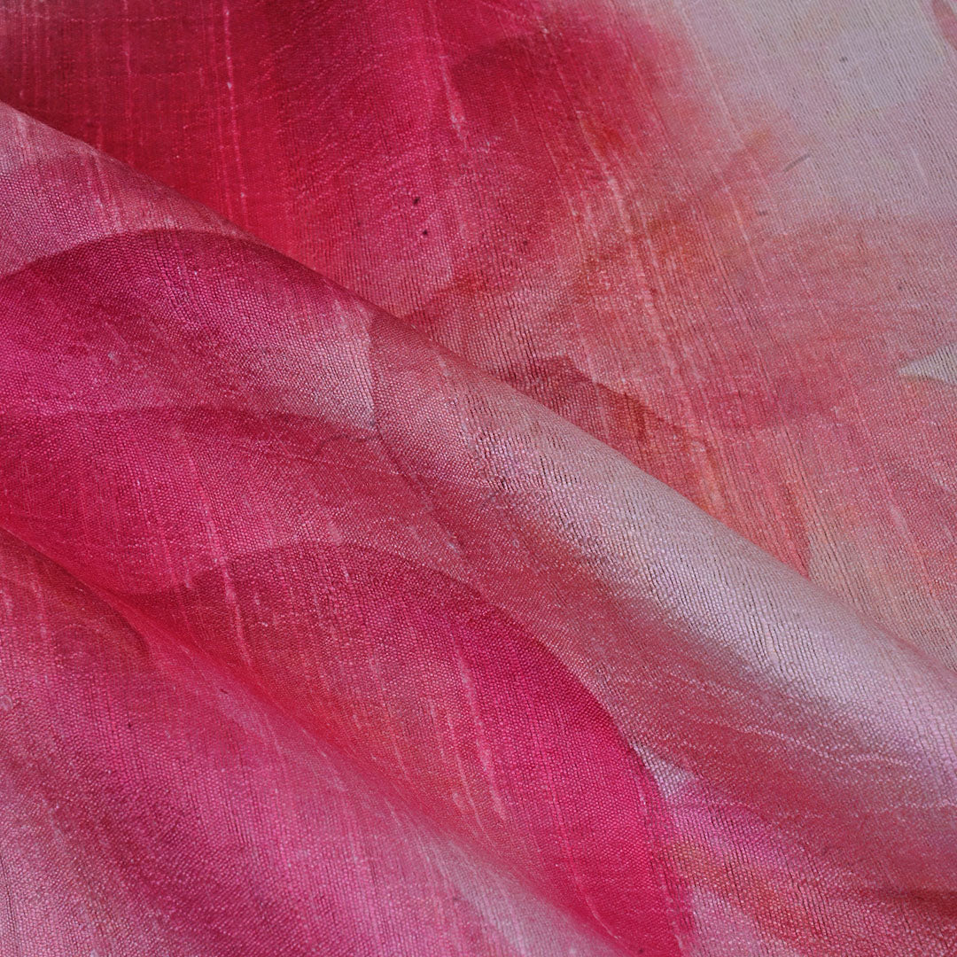 Peach Pink Floral Printed Rawsilk Fabric