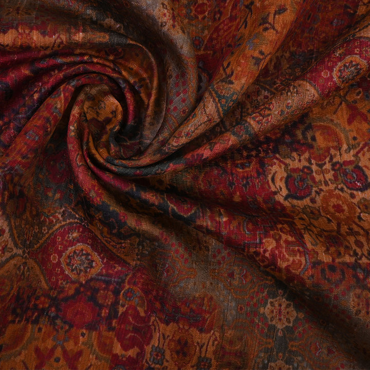 Rust Orange Floral Printed Rawsilk Fabric