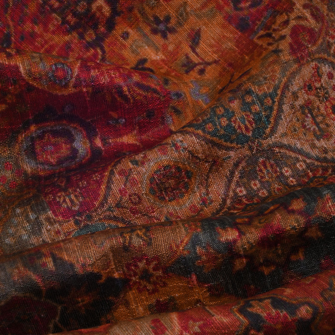 Rust Orange Floral Printed Rawsilk Fabric