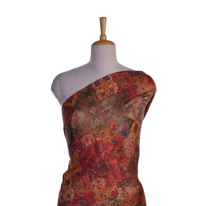 Rust Orange Floral Printed Rawsilk Fabric