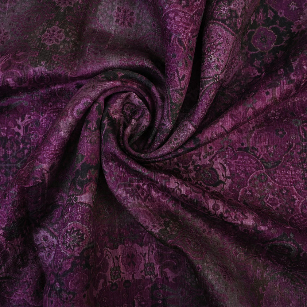 Black Currant Purple Floral Printed Rawsilk Fabric