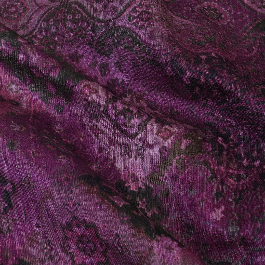 Black Currant Purple Floral Printed Rawsilk Fabric