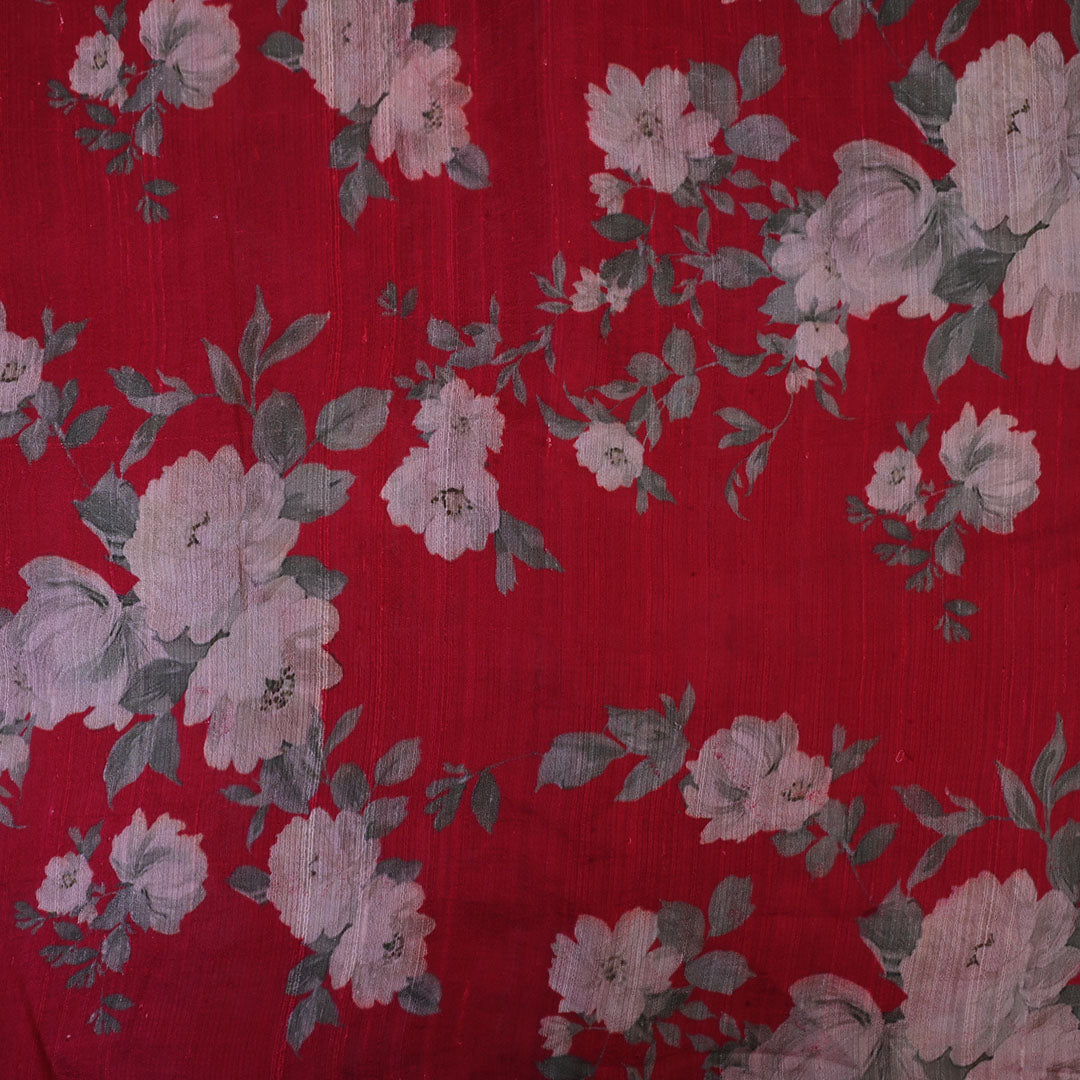 Crimson Red Floral Printed Rawsilk Fabric