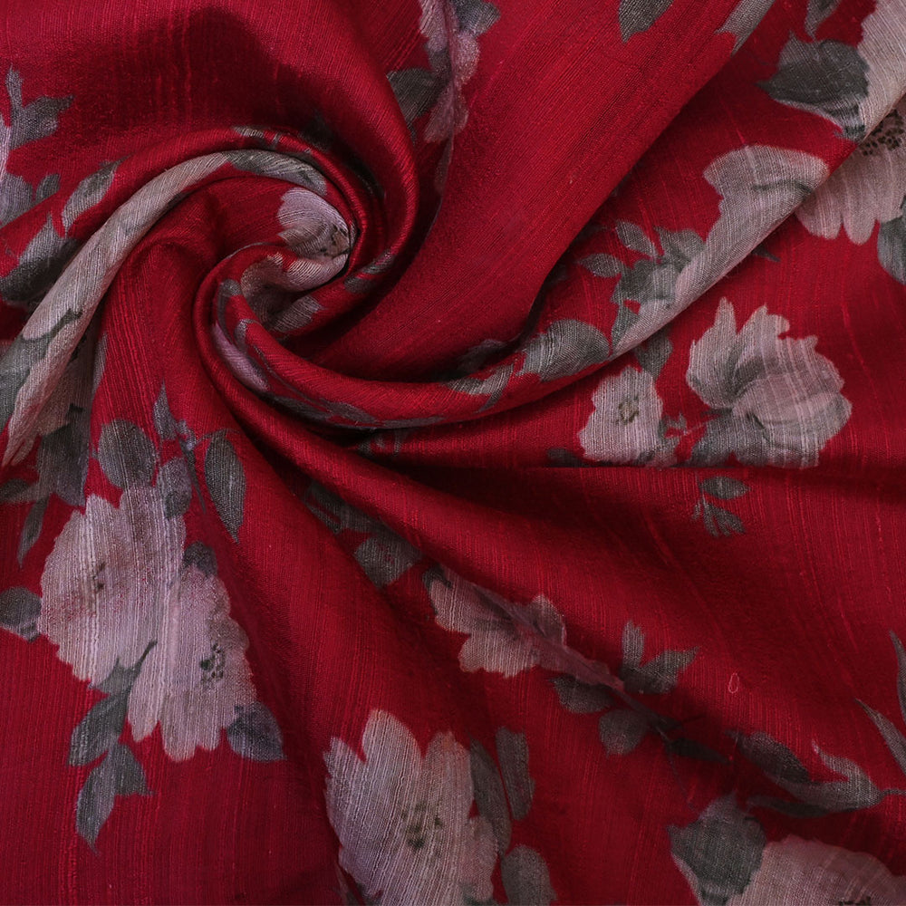 Crimson Red Floral Printed Rawsilk Fabric