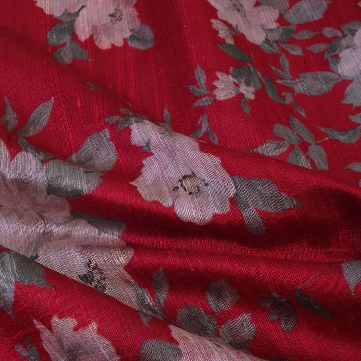 Crimson Red Floral Printed Rawsilk Fabric