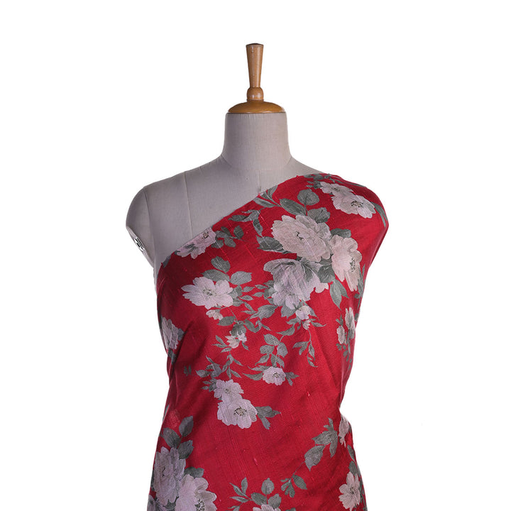 Crimson Red Floral Printed Rawsilk Fabric