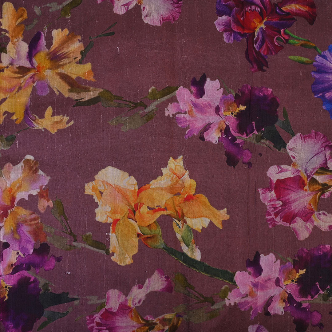 Russet Brown Floral Printed Rawsilk Fabric