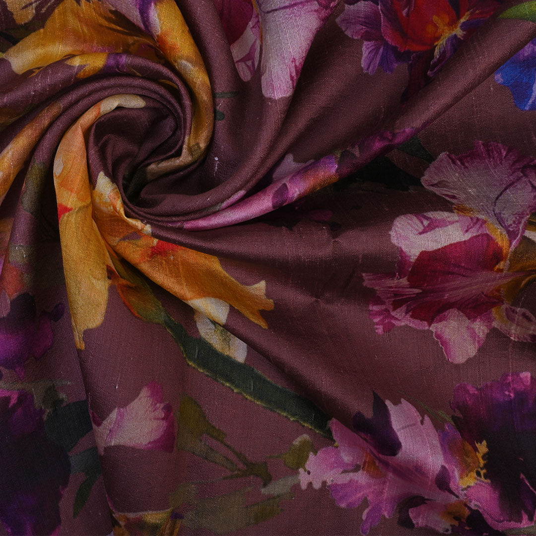 Russet Brown Floral Printed Raw Silk Fabric