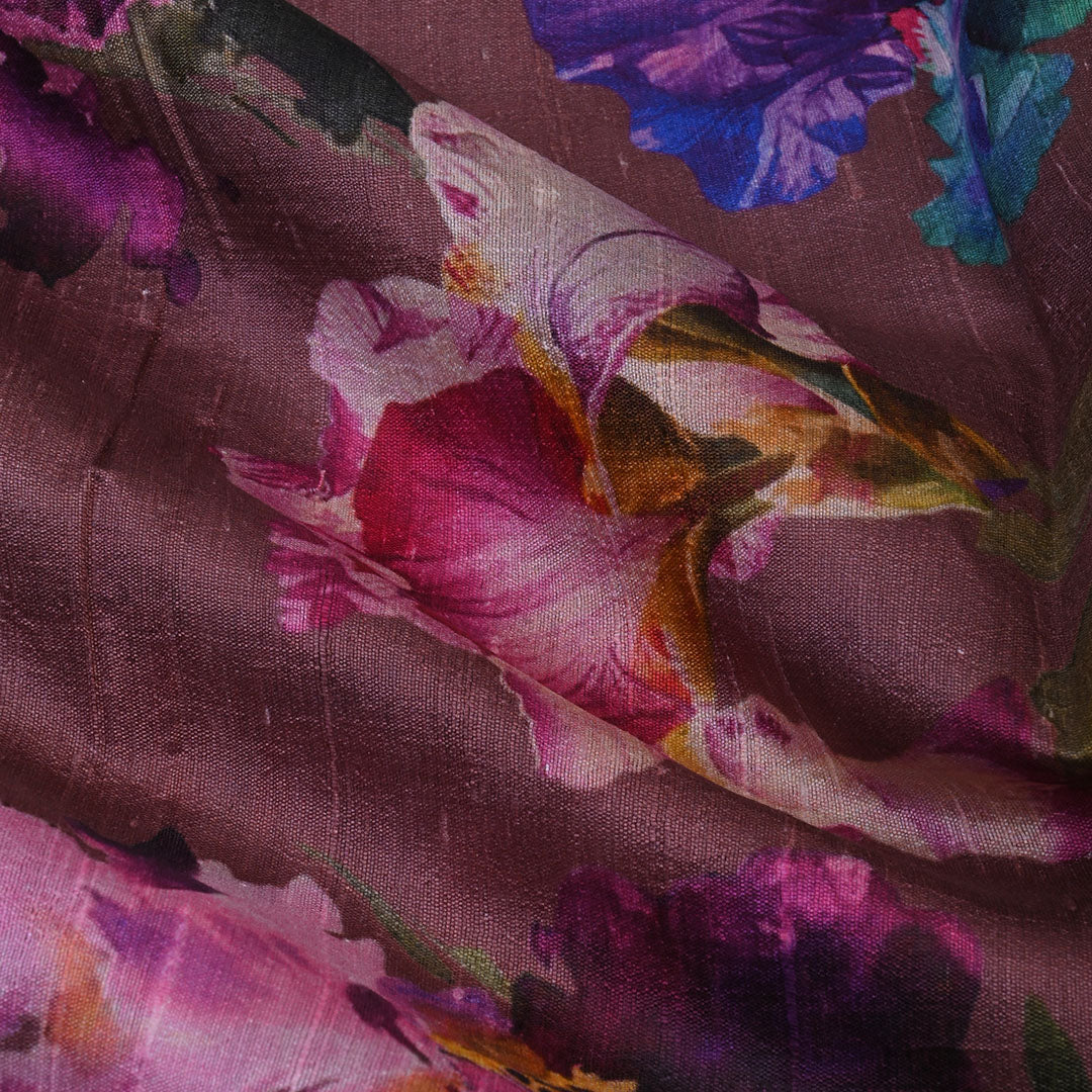 Russet Brown Floral Printed Raw Silk Fabric
