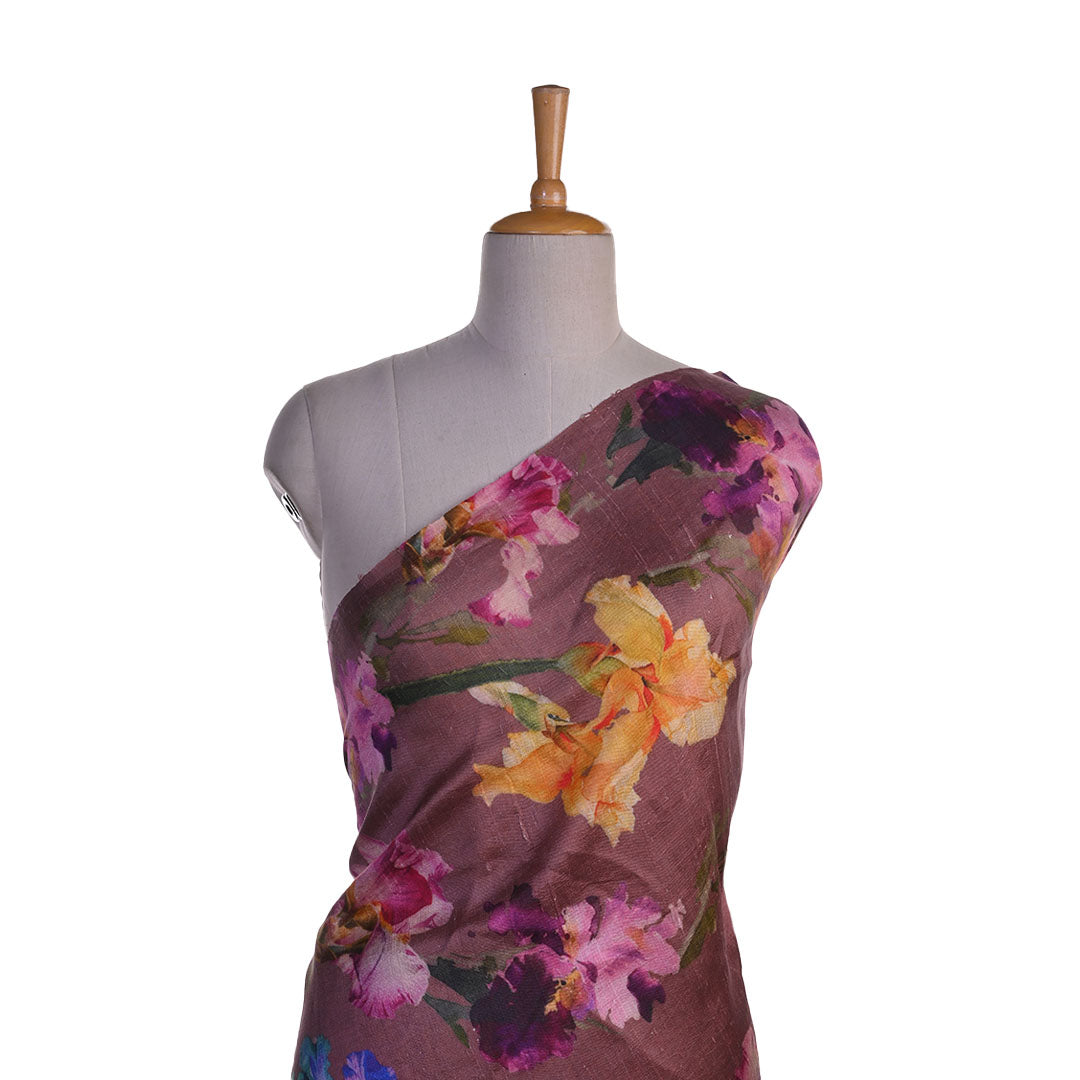 Russet Brown Floral Printed Raw Silk Fabric