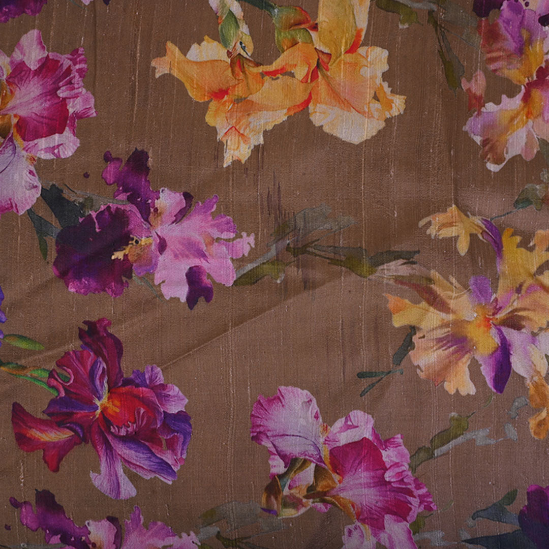 Dark Brown Floral Printed Raw Silk Fabric