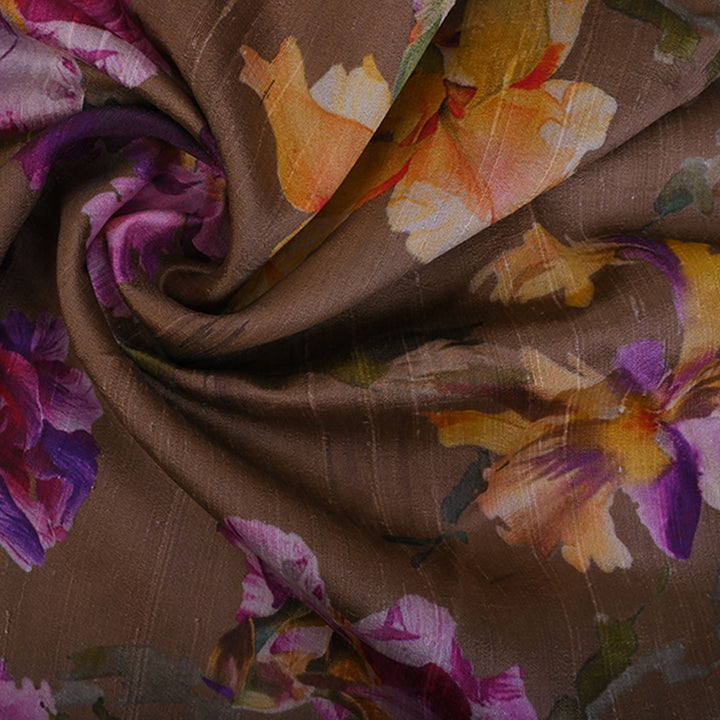 Dark Brown Floral Printed Raw Silk Fabric