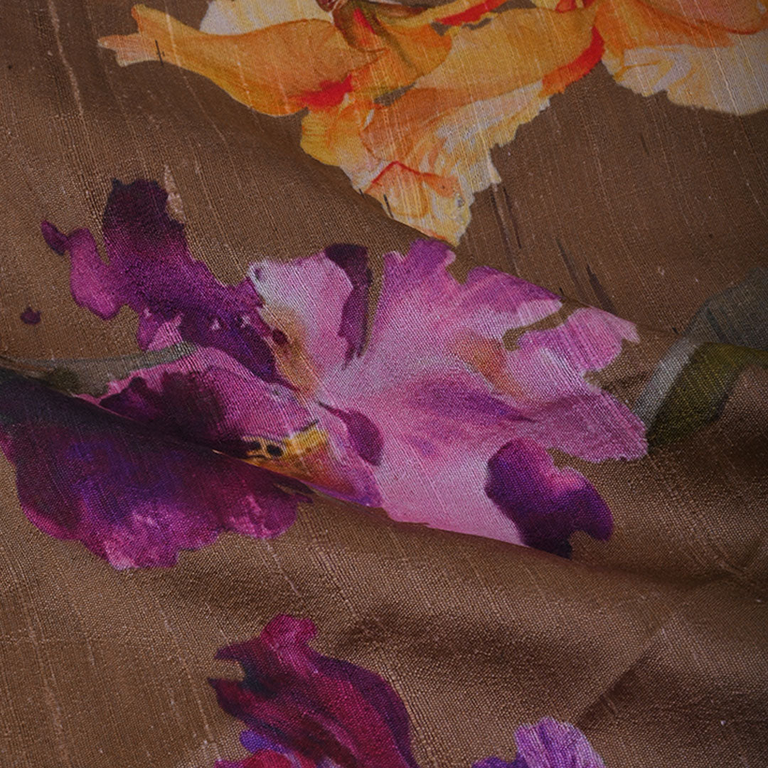 Dark Brown Floral Printed Raw Silk Fabric