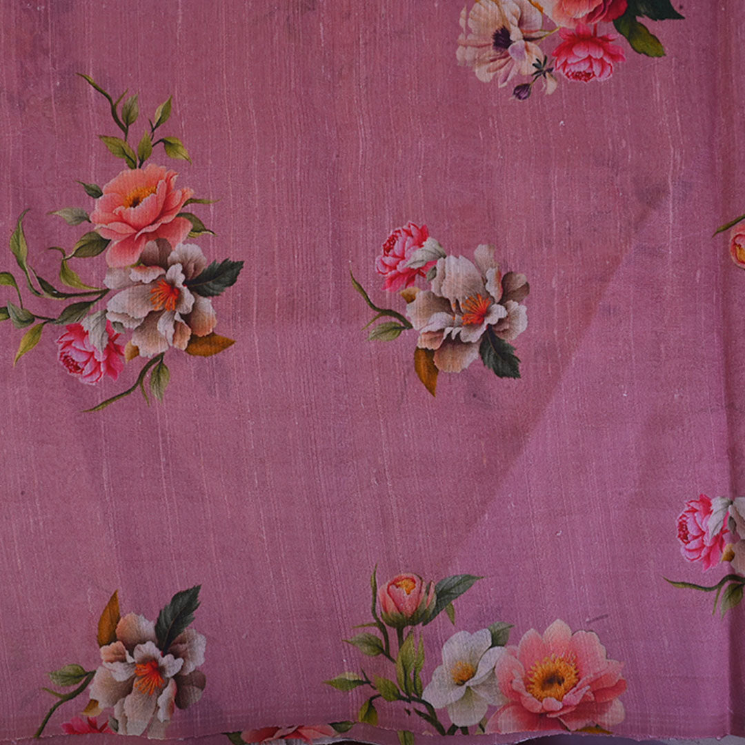 Blush Pink Floral Printed Raw Silk Fabric