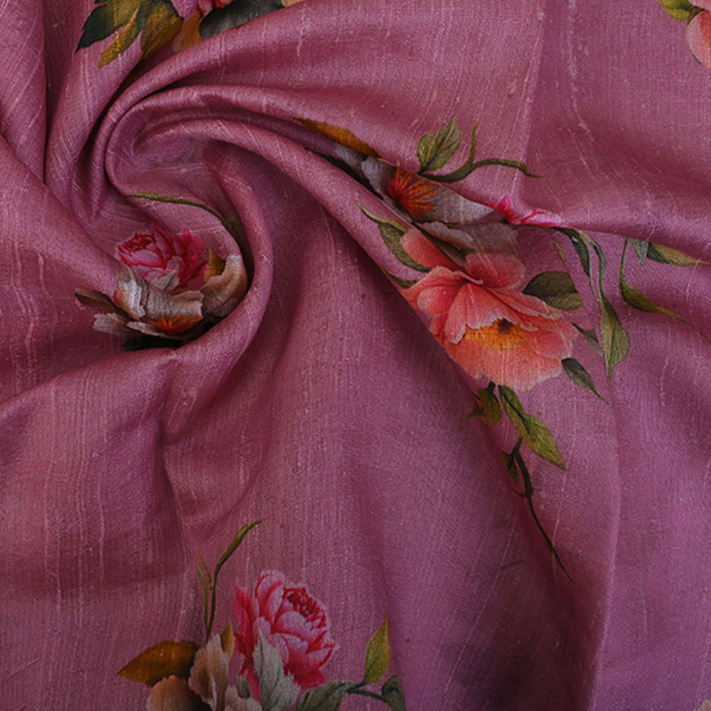 Blush Pink Floral Printed Raw Silk Fabric