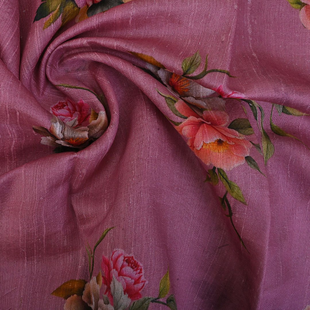 Blush Pink Floral Printed Raw Silk Fabric