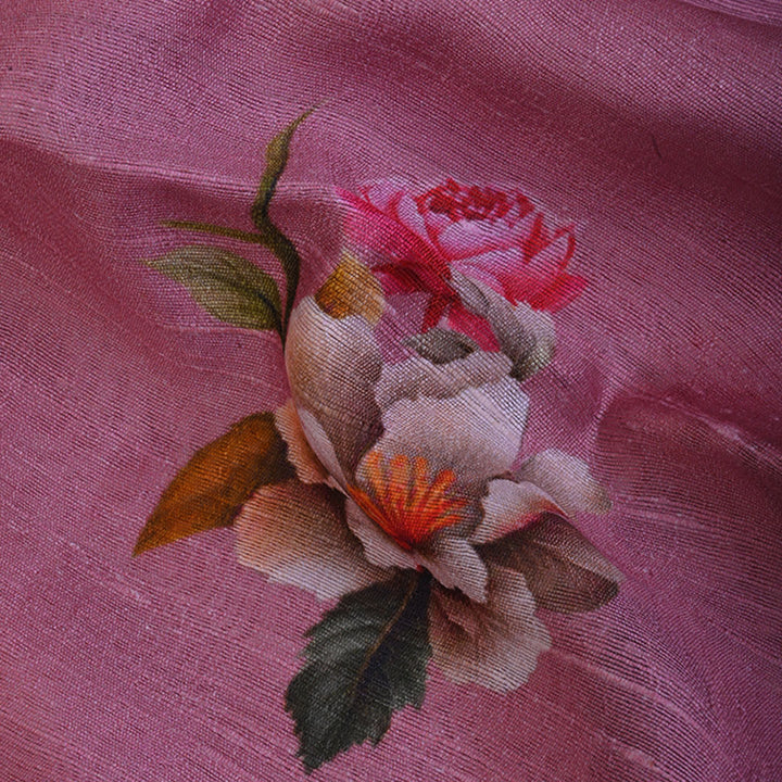 Blush Pink Floral Printed Raw Silk Fabric