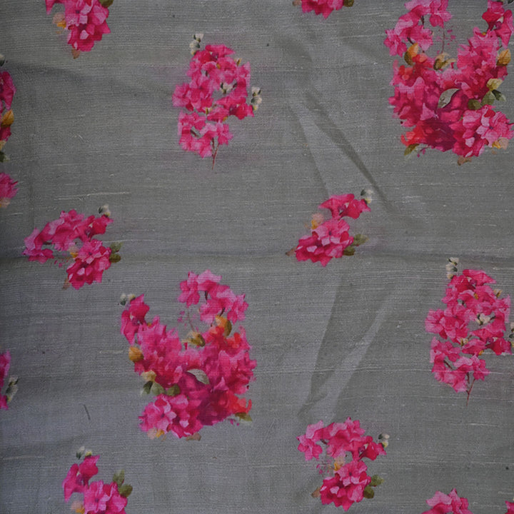 Bright Green Floral Printed Raw Silk Fabric