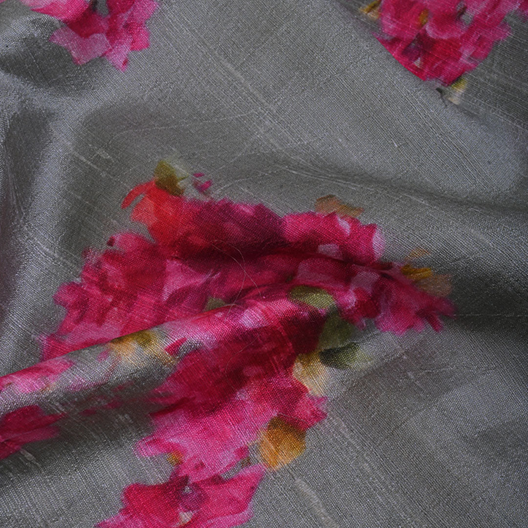 Gray Floral Printed Raw Silk Fabric