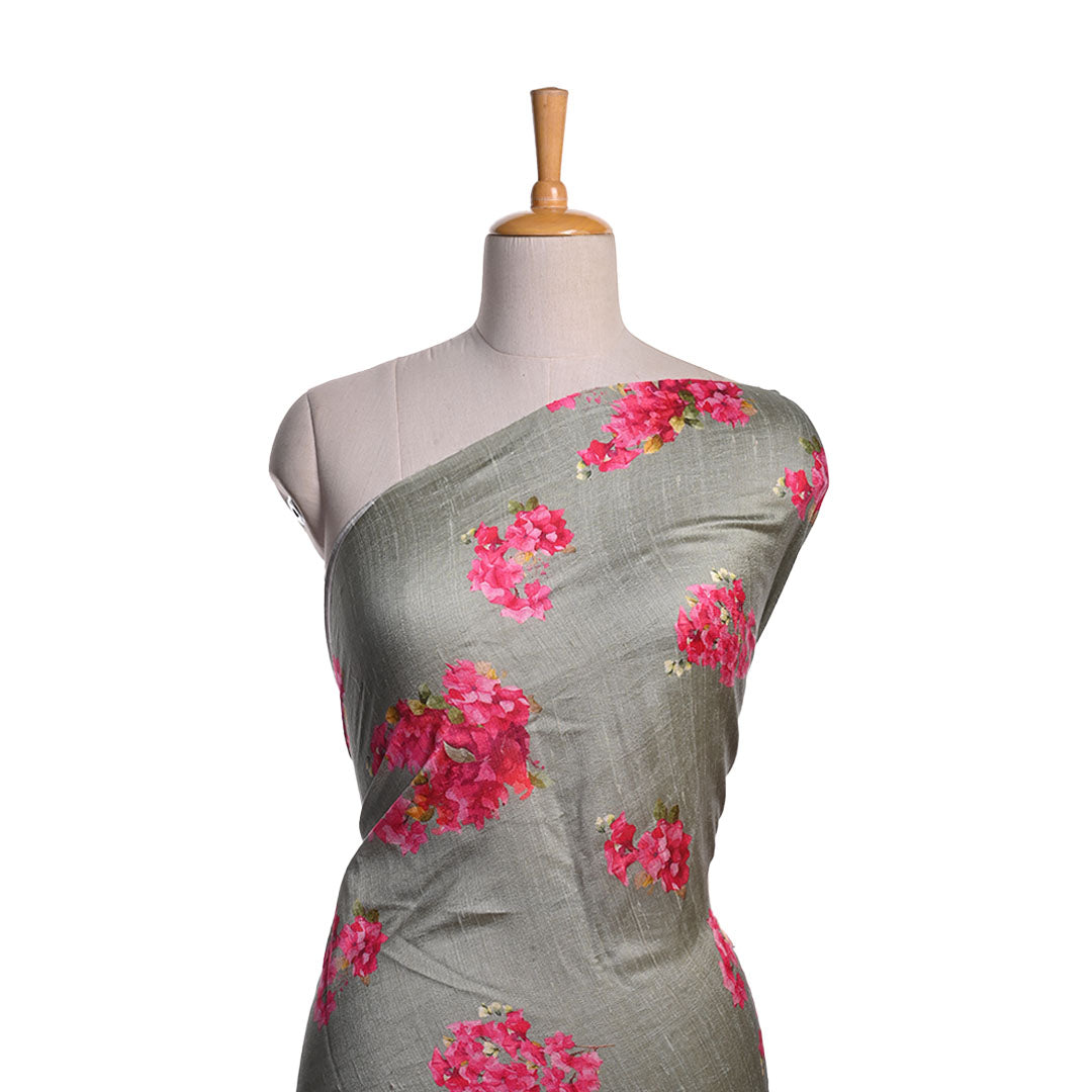 Gray Floral Printed Raw Silk Fabric