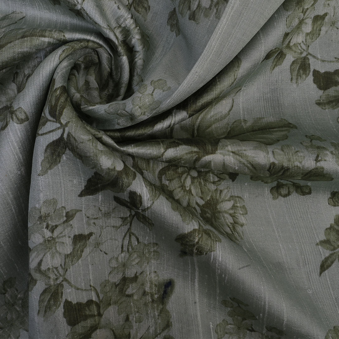 Mantis Green Floral Printed Rawsilk Fabric