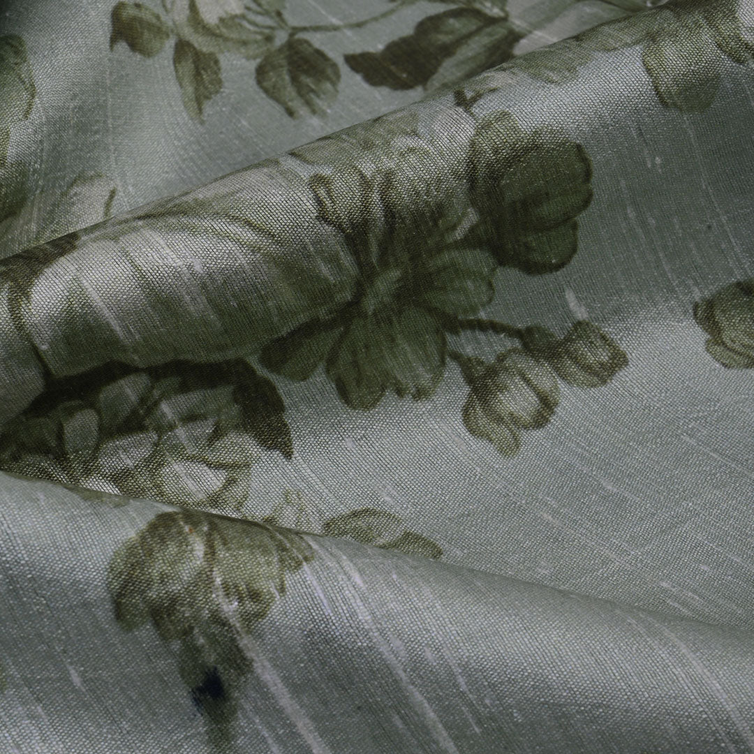 Mantis Green Floral Printed Raw Silk Fabric