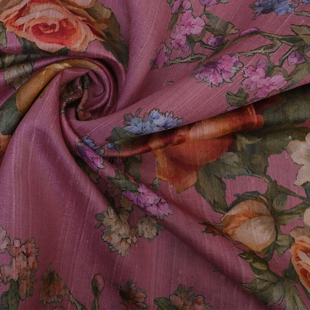 Newyork Pink Floral Printed Rawsilk Fabric