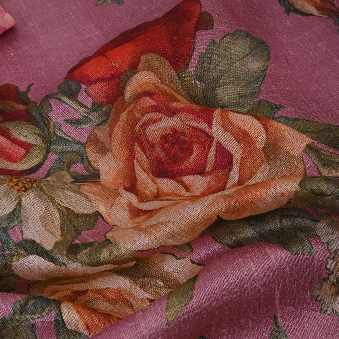 Newyork Pink Floral Printed Rawsilk Fabric