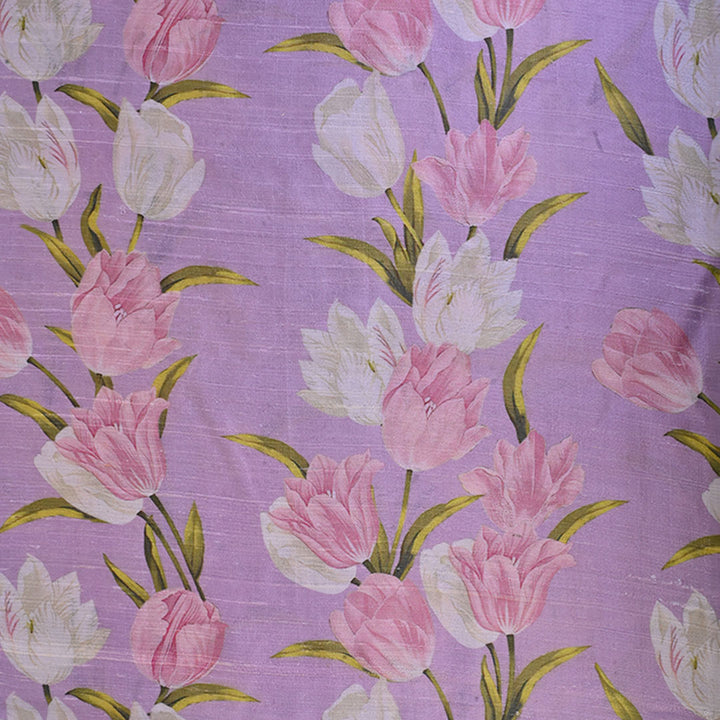 Mauve Purple Floral Printed Raw Silk Fabric