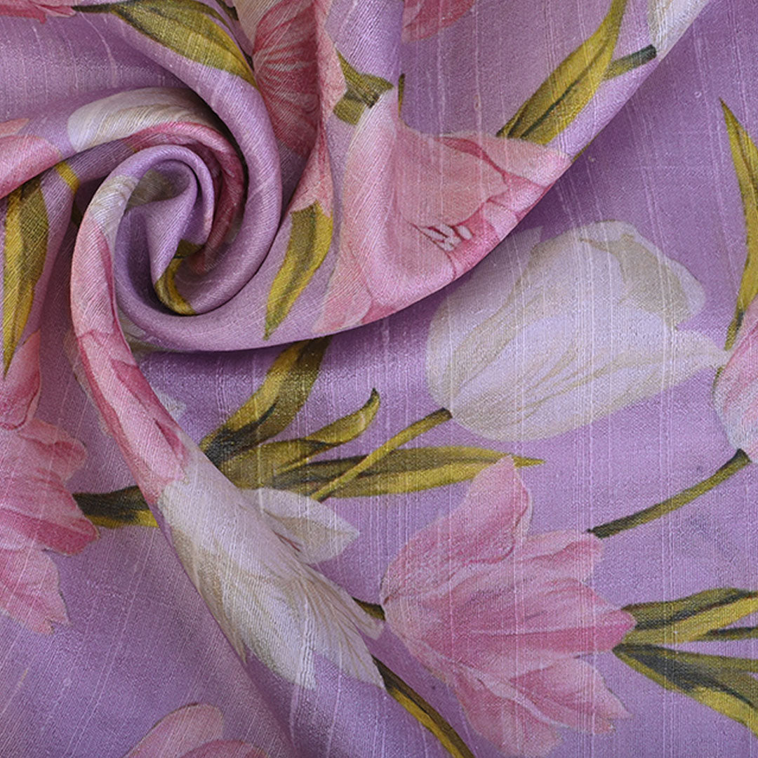 Mauve Purple Floral Printed Raw Silk Fabric