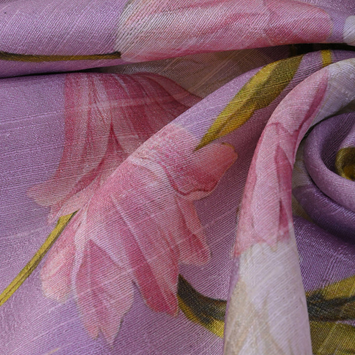 Mauve Purple Floral Printed Raw Silk Fabric